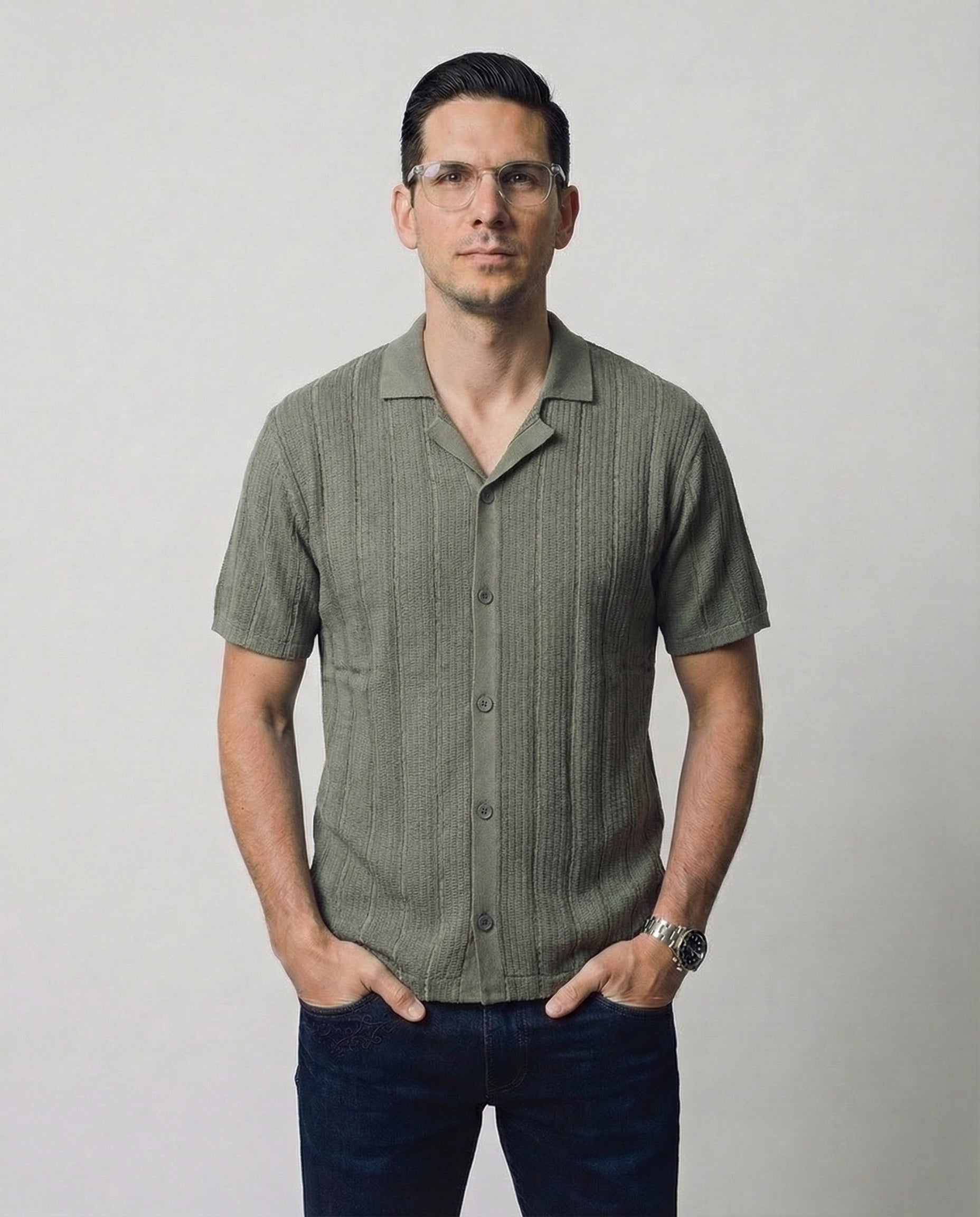 Vertical-Knit Short Sleeve  Sweater