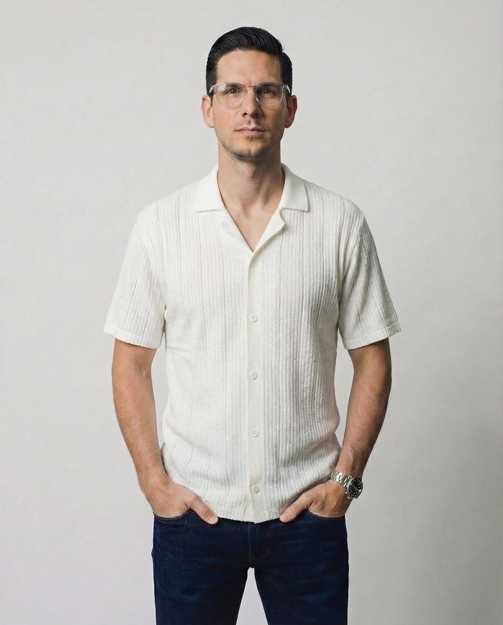 Vertical-Knit Short Sleeve  Sweater