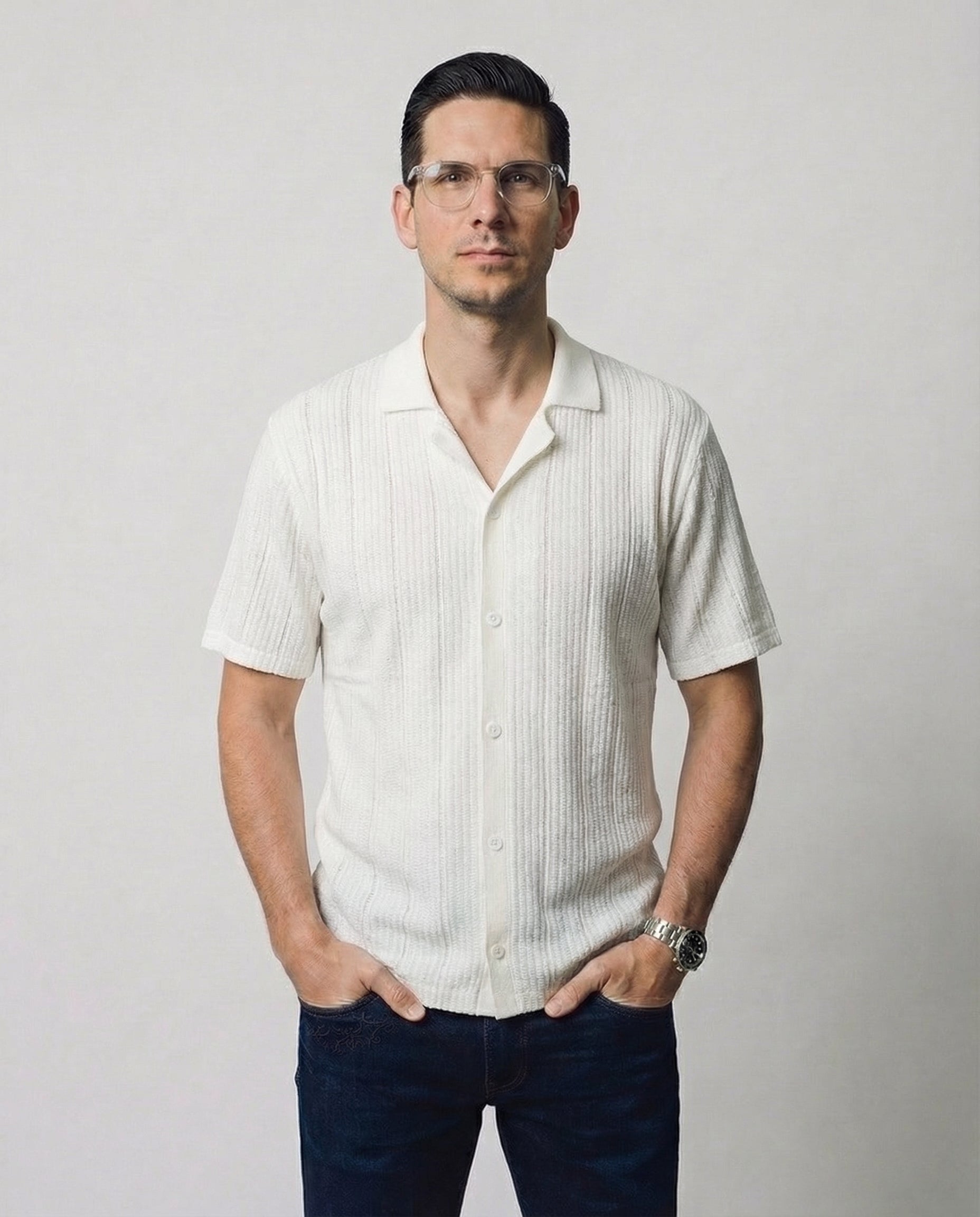 Vertical-Knit Short Sleeve  Sweater