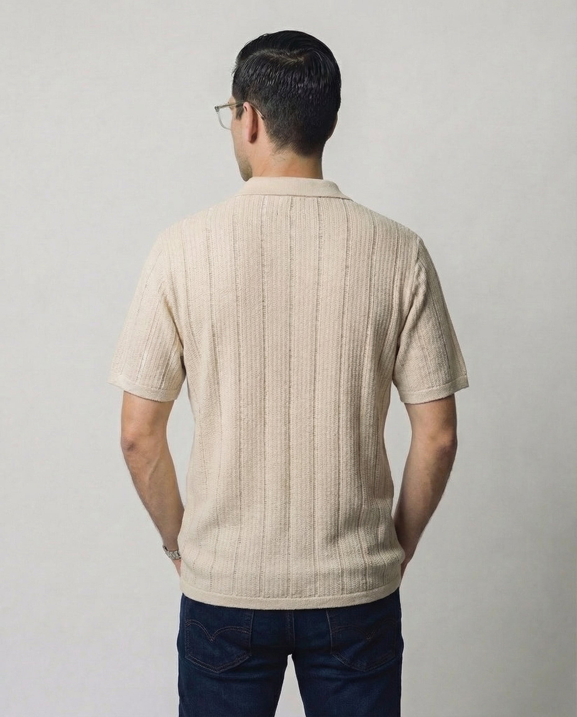 Vertical-Knit Short Sleeve  Sweater