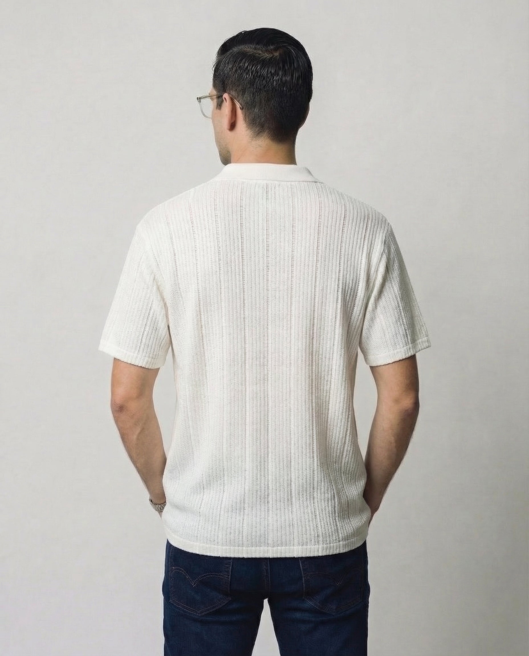 Vertical-Knit Short Sleeve  Sweater