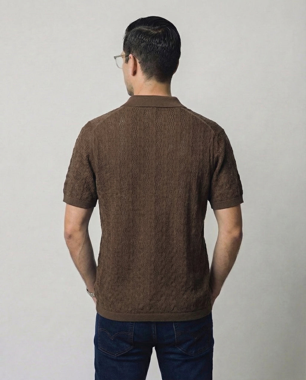 Linear-Knit Short Sleeve Sweater