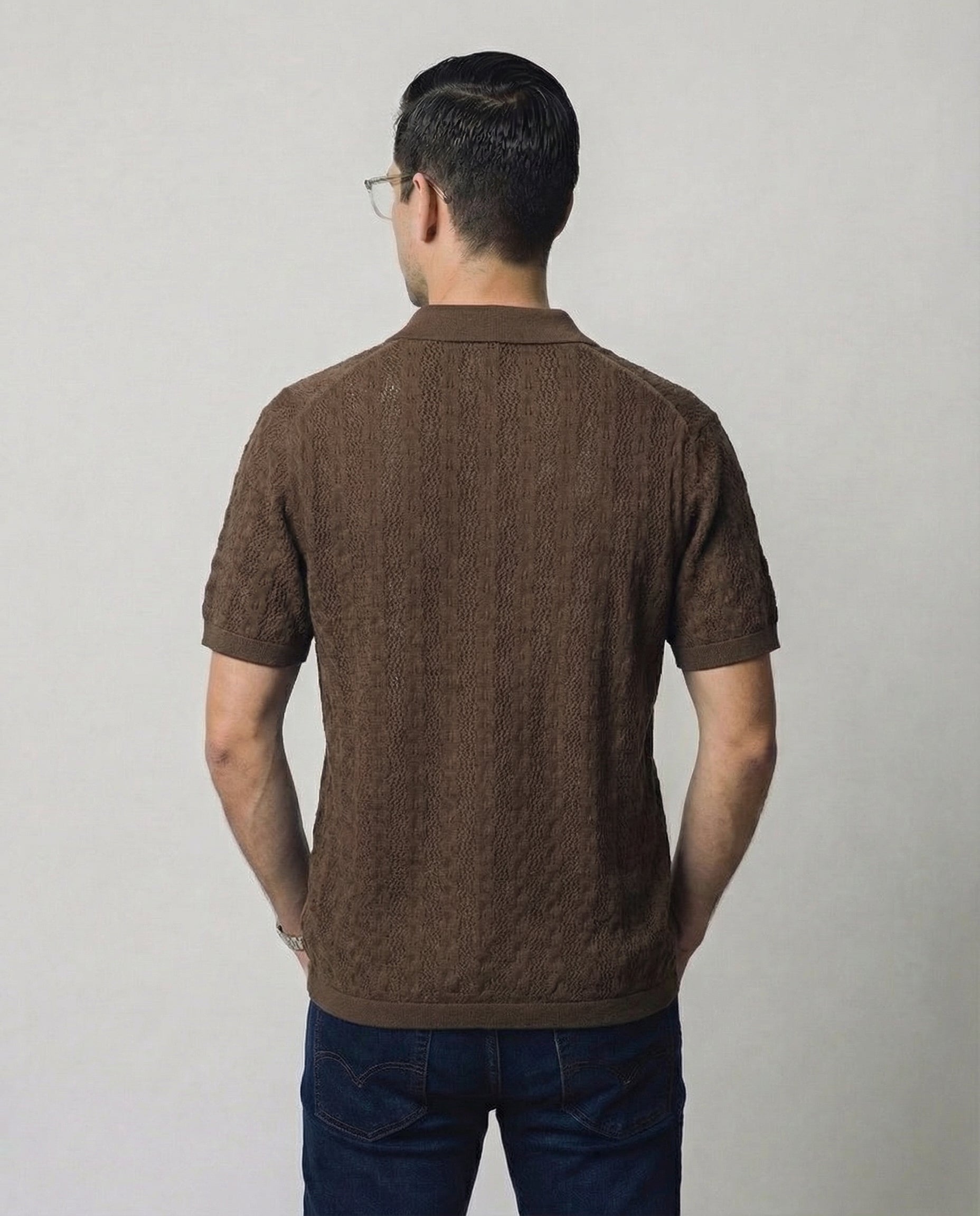 Linear-Knit Short Sleeve Sweater