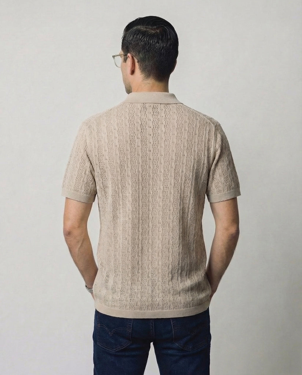 Linear-Knit Short Sleeve Sweater